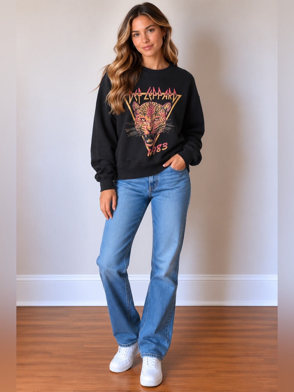 Def Leppard Black Crewneck Sweatshirt with Pink & Gold Leopard Graphic